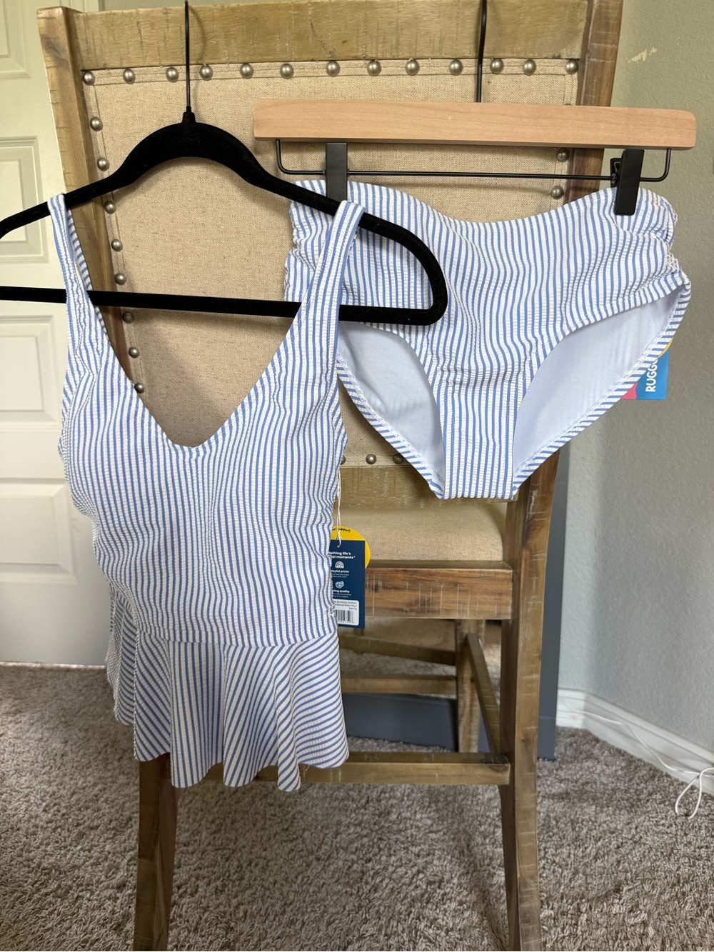 Ruffle Butts Blue & White Striped Peplum Tankini Set